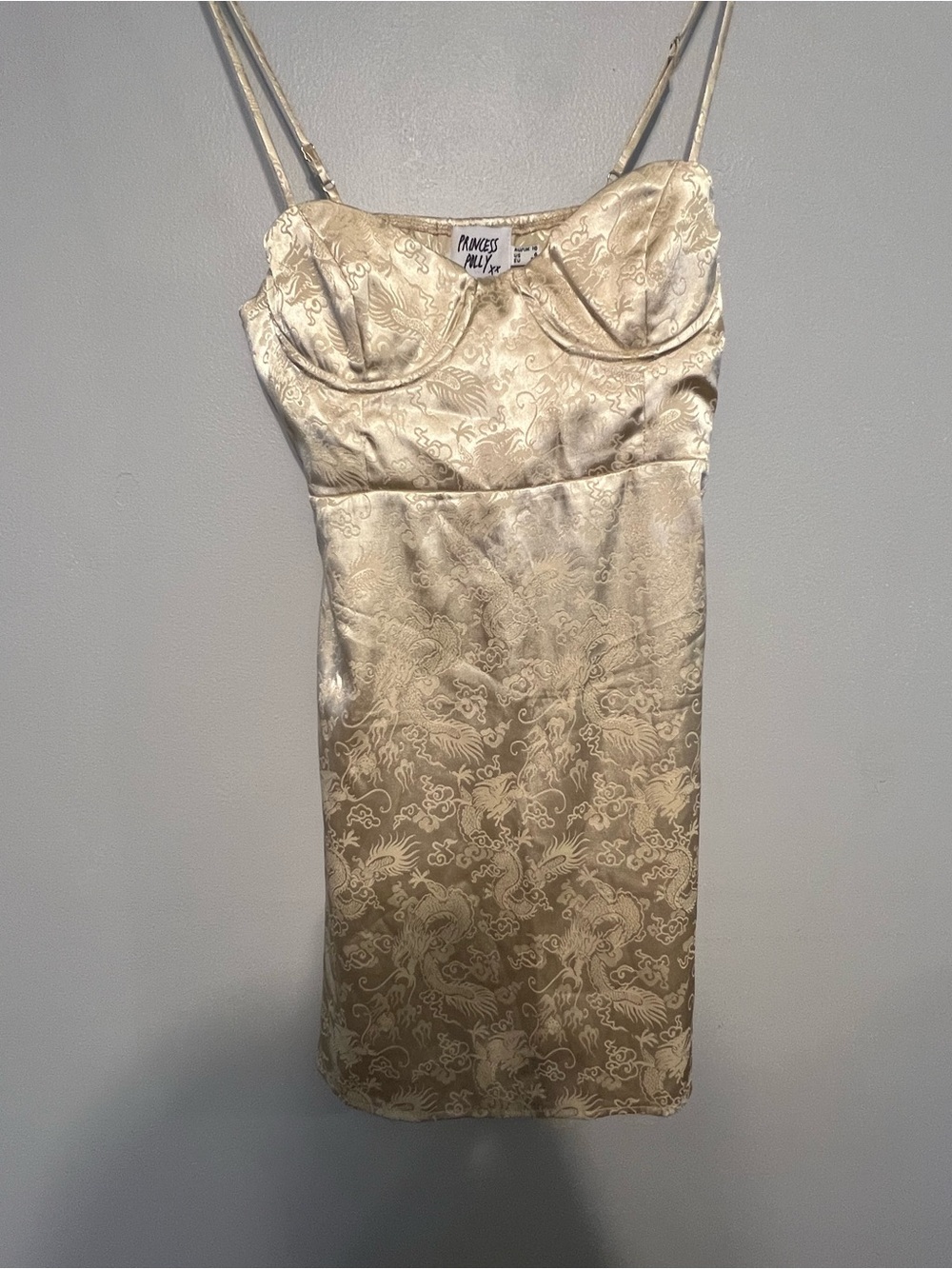 Princess Polly Satin Dragon Jacquard Mini Dress Gold Corset Slip Dress US 6
